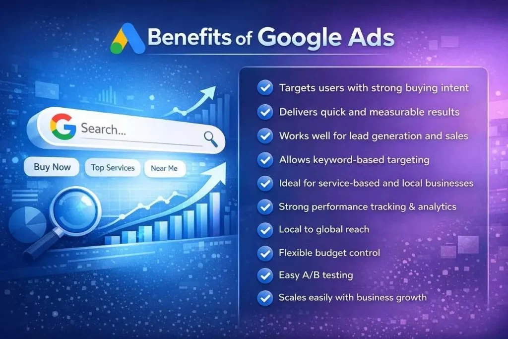 Google Ads offers powerful advantages for businesses looking to reach customers with strong buying intent. Unlike many platforms, it targets users who are actively searching for products or services, making it highly effective for lead generation and direct sales. When comparing Google Ads vs Facebook Ads, Google Ads often delivers quicker and more measurable results through keyword-based targeting and detailed performance analytics. It works especially well for service-based and local businesses, while also providing the flexibility to expand from local to global reach. With complete budget control, easy A/B testing, and the ability to scale campaigns as the business grows, Google Ads remains a reliable and results-driven advertising platform.