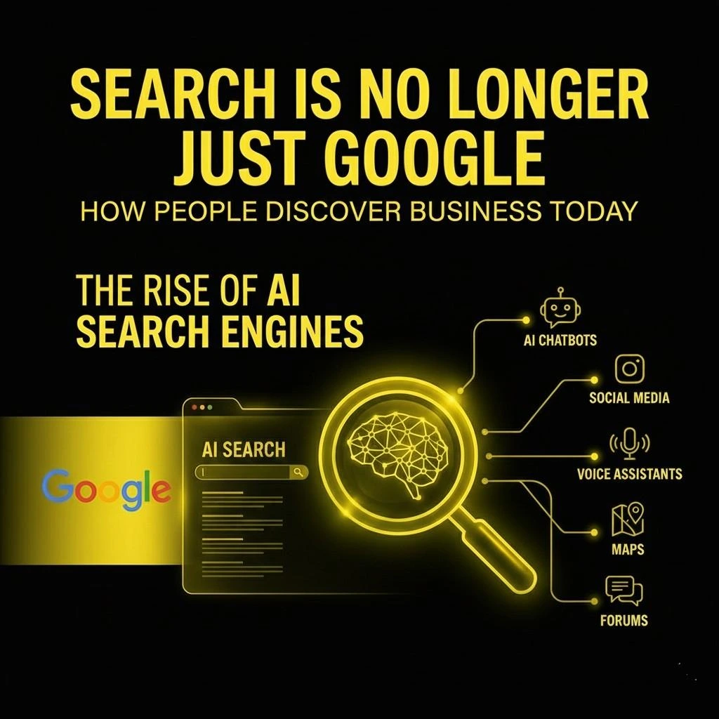Infographic titled 'Search Is No Longer Just Google: The Rise of AI Search.' It shows a central magnifying glass connected to icons for AI Chatbots, Voice Assistants, Social Media, and Forums, illustrating how business discovery has moved beyond traditional search engines."