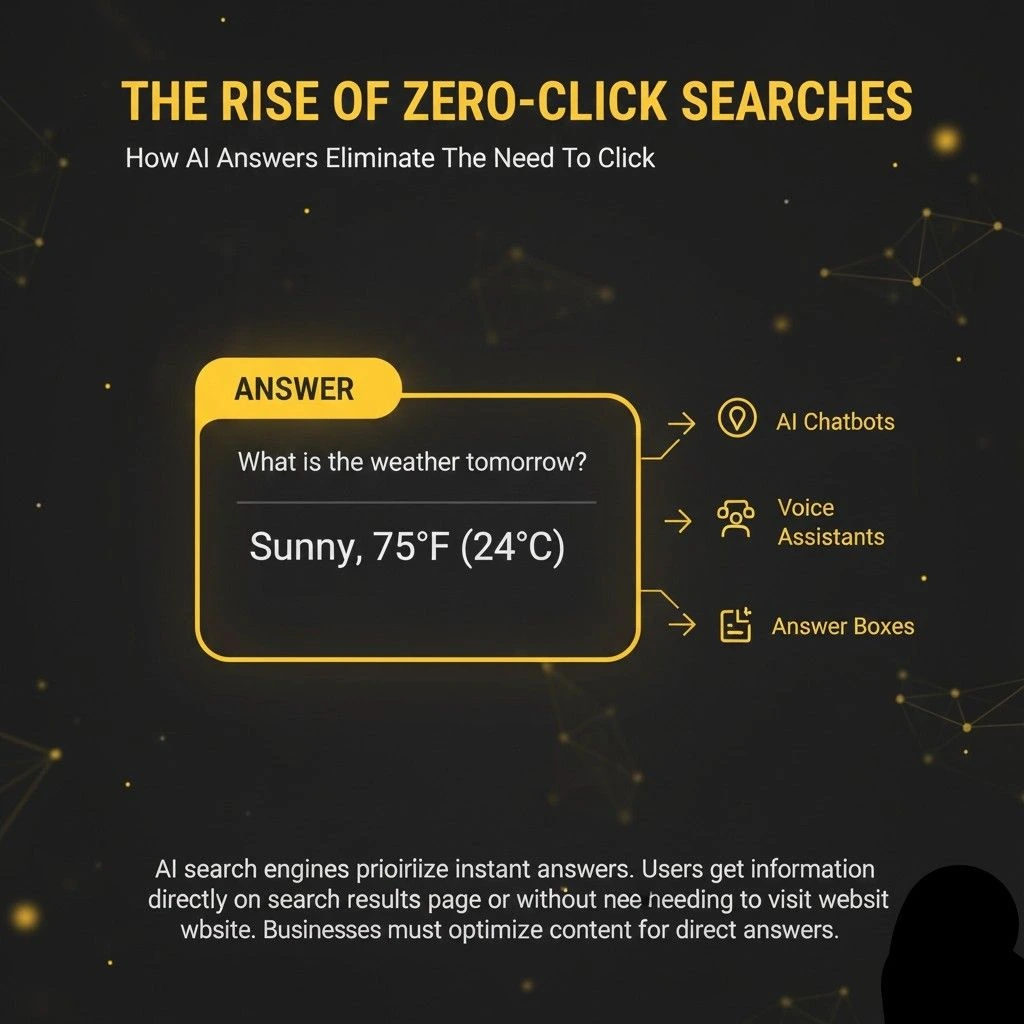 A high-contrast yellow and black infographic titled 'The Rise of Zero-Click Searches.' It features a yellow mouse cursor hovering over a search button without clicking. A glowing yellow 'Instant AI Answer' box sits at the top, illustrating how search engines now provide answers directly on the page. The tagline reads 'Visibility Is the New Traffic,' emphasizing the shift toward brand presence over traditional website clicks.