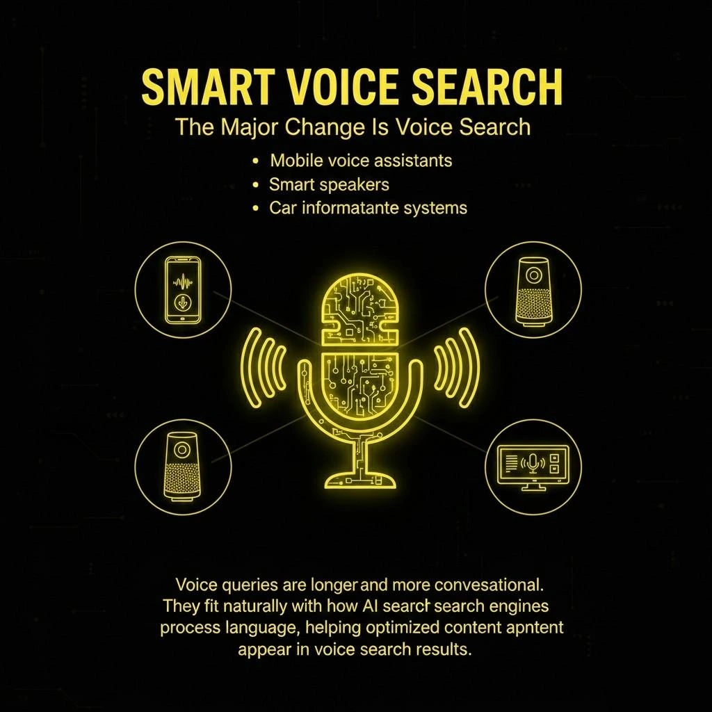 : Smart Voice Search.' The center features a glowing yellow soundwave and microphone icon. Lines connect this center to three yellow icons: a smartphone (mobile assistants), a smart speaker, and a car dashboard (infotainment systems). The design uses a high-contrast dark background with yellow digital data patterns to represent AI connectivity