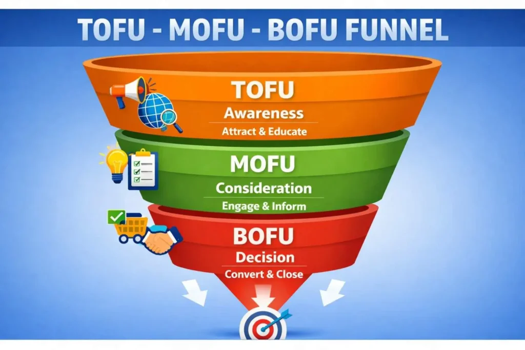 tofu-mofu-bofu digital marketing funnel showing awareness, consideration, and decision stages in the customer journey