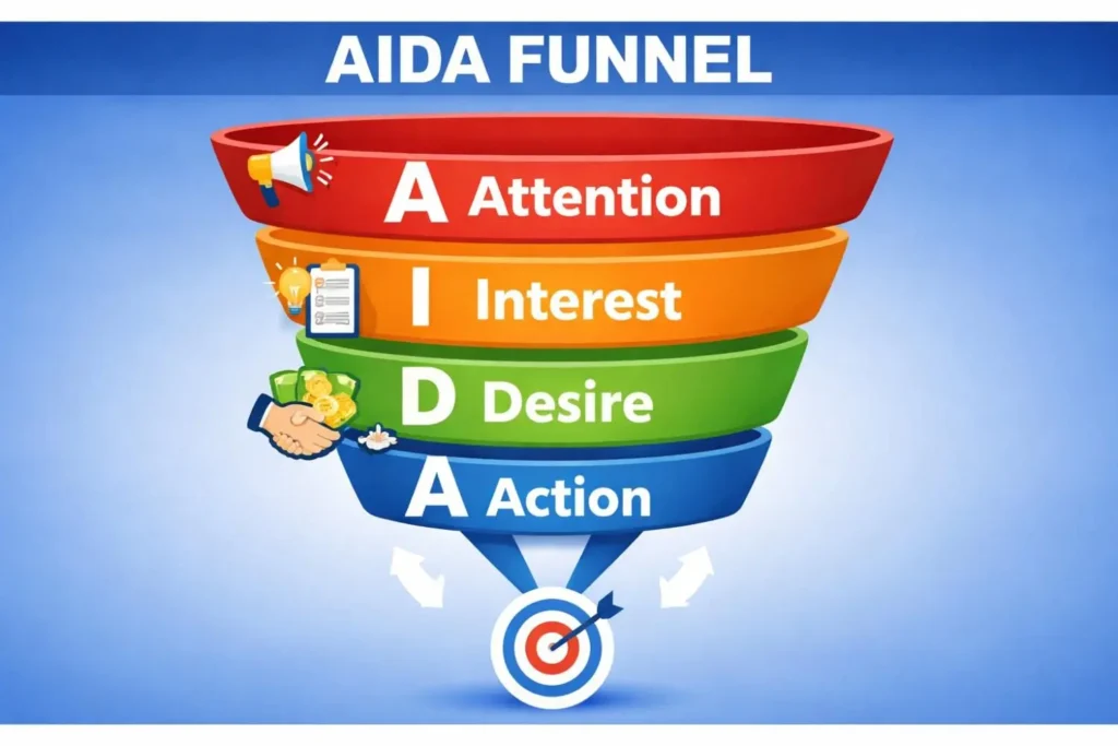 AIDA marketing funnel showing attention, interest, desire, and action stages in digital marketing strategy